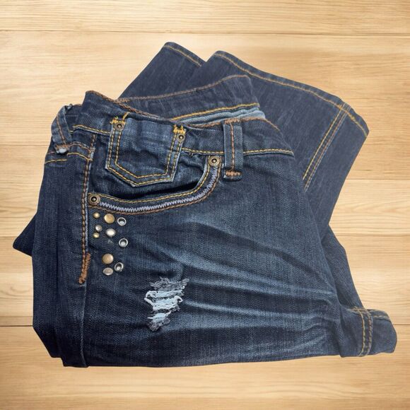 Slim Boot Low Rise Jeans Dark Wash Women 11/12R Thick Stitch Studs Whiskers Fade - Picture 12 of 16